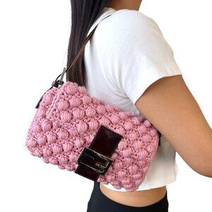 FENDI Vintage FF Logo Crochet Mamma Baguette Shoulder Bag Knit Pink [106451]